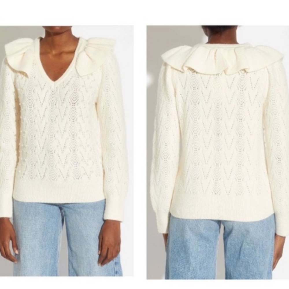 Industry Pearl Ruffle Sweater Women M Cream Beaded White Pointelle VNeck Fitted